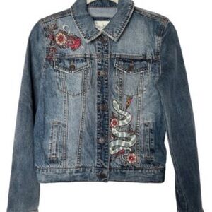 Mudd Blue Jean Jacket with Embroidered Floral and Snake Design